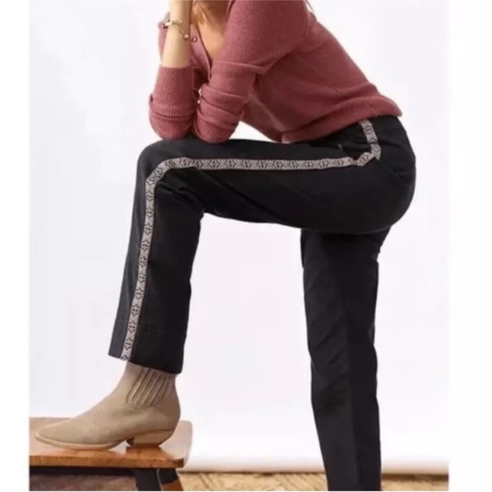 Anthropologie Black Canvas Embroidery Side Seam high rise Trouser Ankle Pants 2